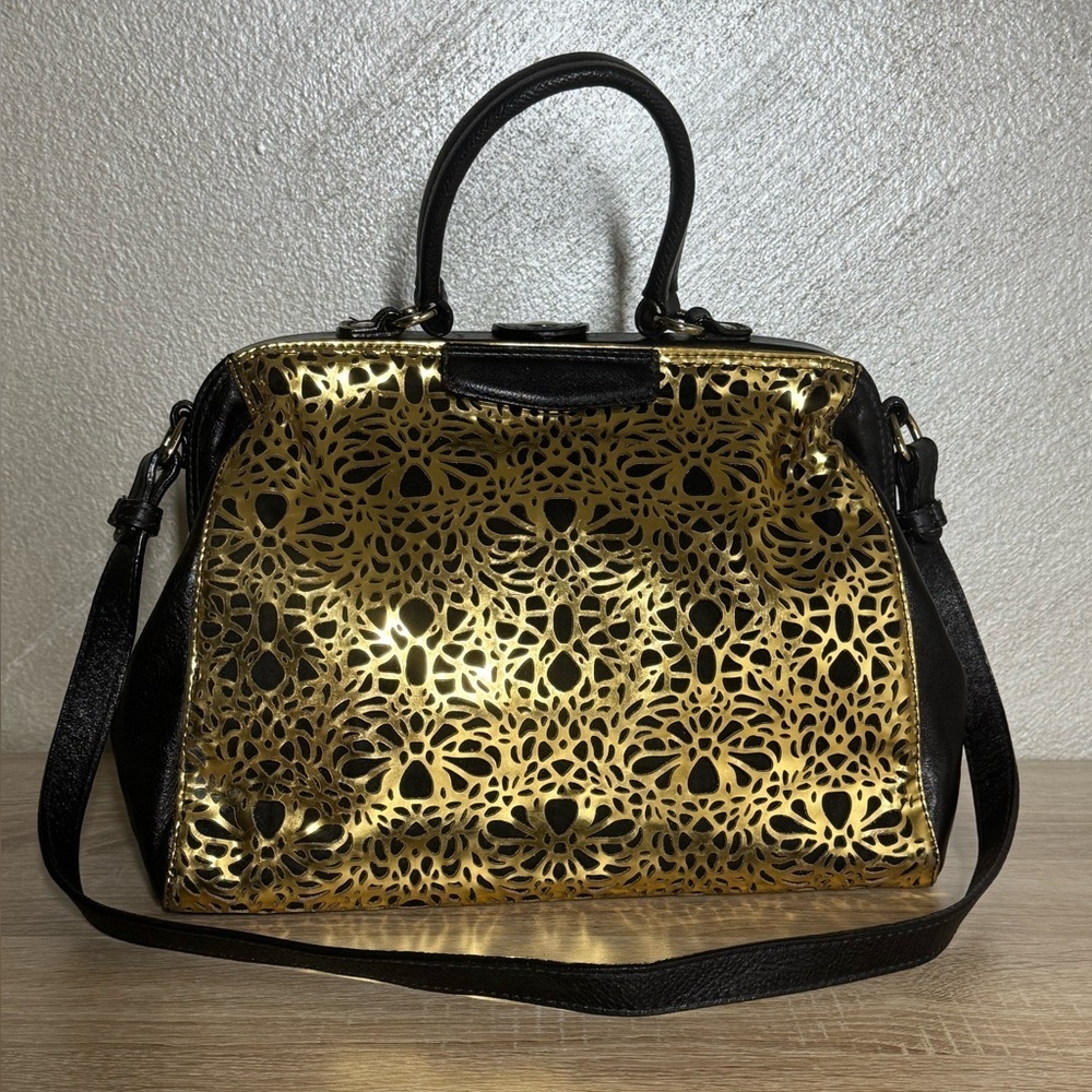 Arezzo Women Black Gold Leather Cut Out Satchel Hand Shoulder Bag